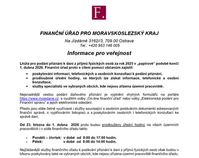 INFORMACE FINANČNÍHO ÚŘADU PRO MORAVSKOSLEZSKÝ KRAJ O SLUŽBÁCH PRO VEŘEJNOST