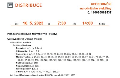 OZNÁMENÍ O PŘERUŠENÍ DODÁVKY ELEKTRICKÉ ENERGIE DNE 16.05.2023