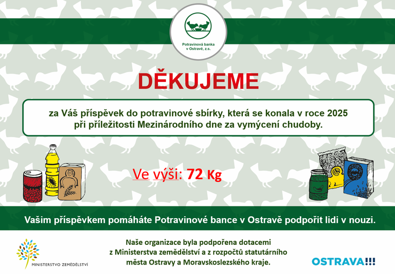 PODĚKOVÁNÍ ZA PŘÍSPĚVEK DO POTRAVINOVÉ SBÍRKY