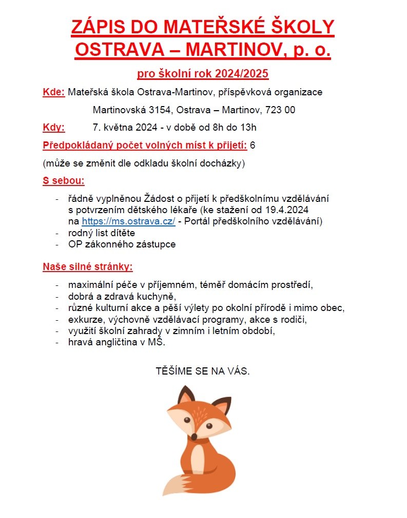 Zápis do MŠ Ostrava - Martinov