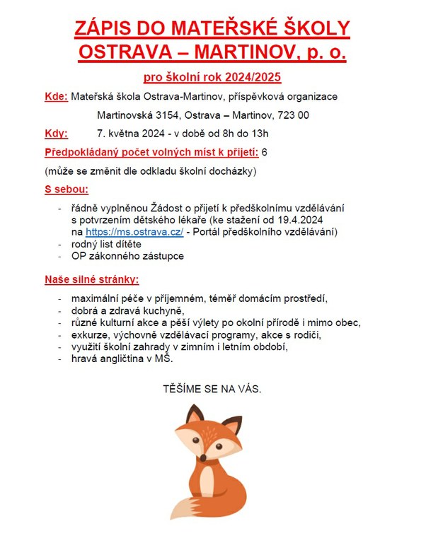 Zápis do MŠ Ostrava - Martinov