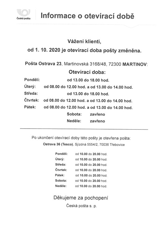 Změna otevírací doby České pošty v Martinově